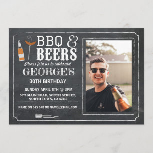 BBQ & Beers Birthday Party Photo Chalk Invite Kaart