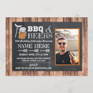 BBQ & Beers Birthday Party Photo Wood Chalk Invite Kaart