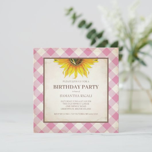 BBQ Birthday Pink Gingham Print Kaart (Staand voorkant)