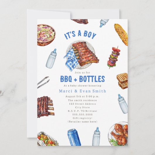 BBQ + Bottles Cookout Boy Baby shower Uitnodiging (Voorkant)