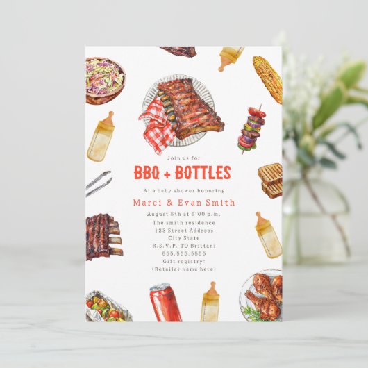 BBQ + Bottles Cookout Neutraal Baby shower Kaart (Staand voorkant)