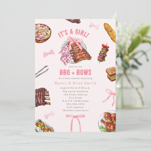 BBQ + Bows Cookout Girl Baby shower Uitnodiging (Staand voorkant)