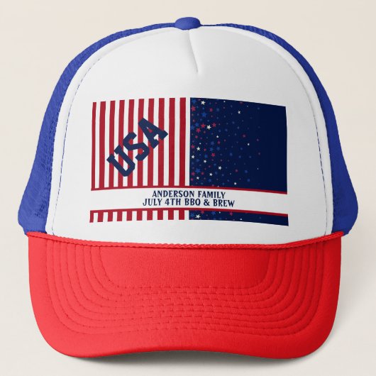 BBQ Brew USA America Stars Stripes Juli 4th Party Trucker Pet (Voorkant)