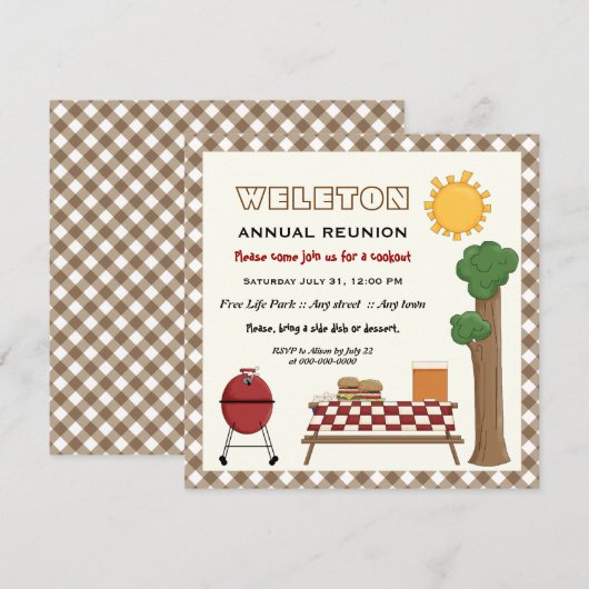 BBQ-cookie gezinshereniging, bruine gingham grens Kaart (Voorkant / Achterkant)