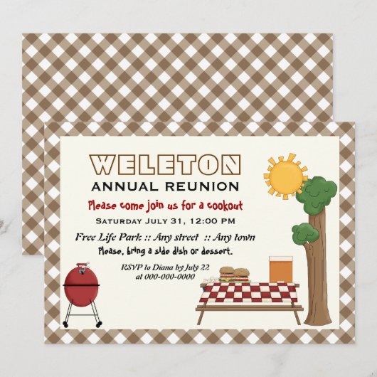 BBQ-cookie gezinshereniging, bruine gingham grens Kaart (Voorkant / Achterkant)