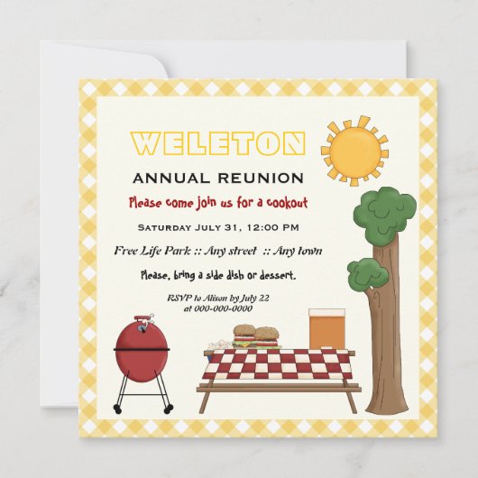 BBQ-cookie gezinshereniging, gele gingham-grens Kaart (Voorkant)