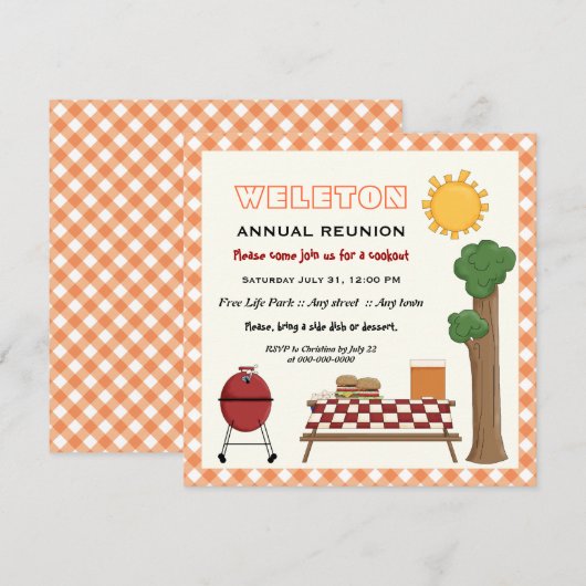 BBQ-cookie gezinshereniging, oranje gingham grens Kaart (Voorkant / Achterkant)