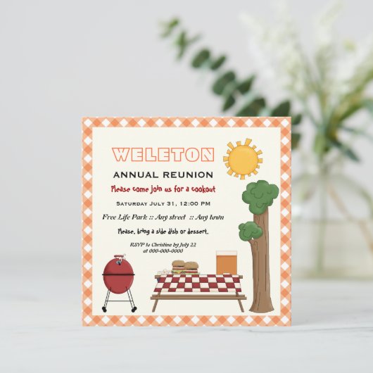 BBQ-cookie gezinshereniging, oranje gingham grens Kaart (Staand voorkant)