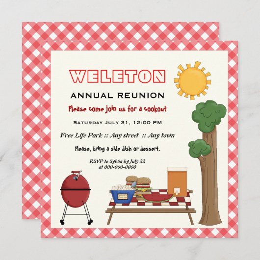 BBQ-cookie gezinshereniging, rode gingham grens Kaart (Voorkant / Achterkant)