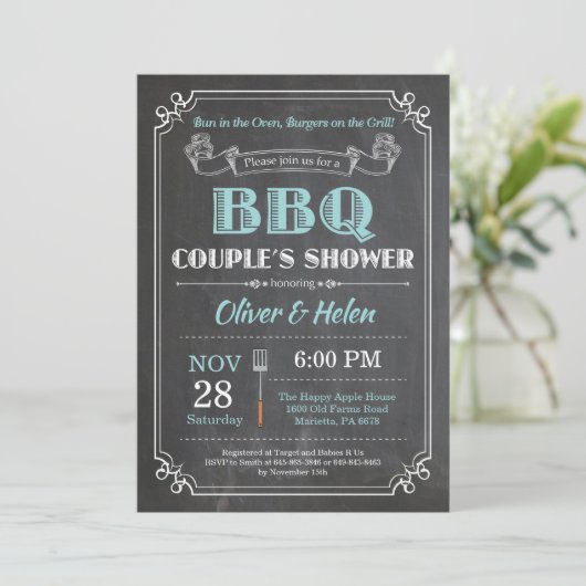 BBQ Couples Shower Invitation Chalkboard Aqua Kaart (Staand voorkant)