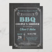 BBQ Couples Shower Invitation Chalkboard Aqua Kaart (Voorkant / Achterkant)