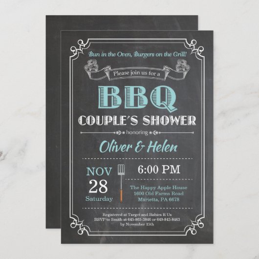 BBQ Couples Shower Invitation Chalkboard Aqua Kaart (Voorkant / Achterkant)