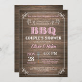 BBQ Couples Shower Invitation Rustic Wood Pink Kaart (Voorkant / Achterkant)