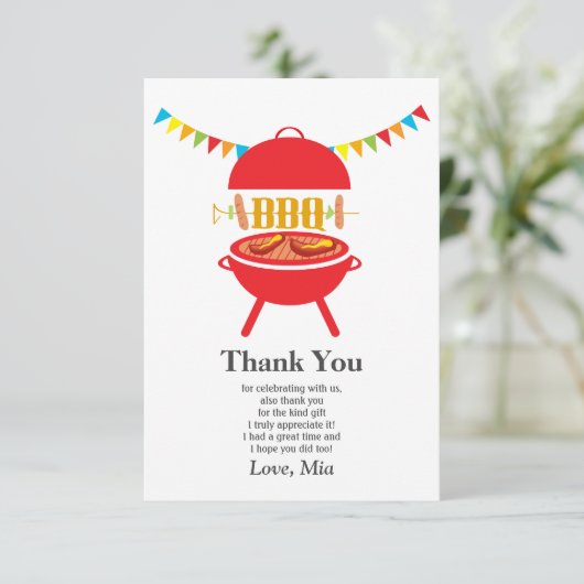 bbq de verjaardagspartij, barbecue, bbq grill, bedankkaart (Staand voorkant)