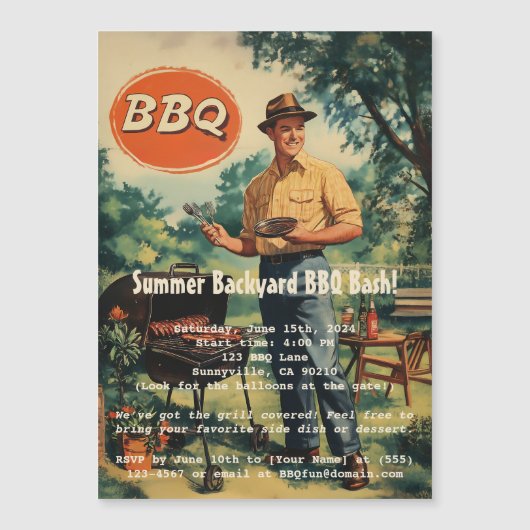 BBQ Delight: Classic Backyard Cookout Scen Magnetische Uitnodiging (Voorkant)