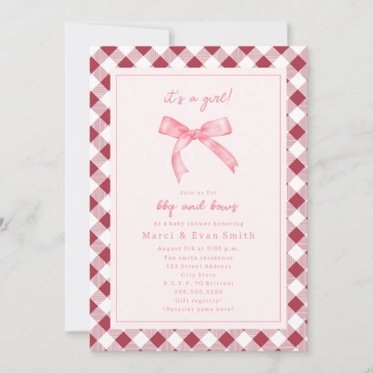 BBQ en Bows Gingham Meisje Baby shower Invitation Kaart (Voorkant)