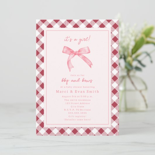 BBQ en Bows Gingham Meisje Baby shower Invitation Kaart (Staand voorkant)