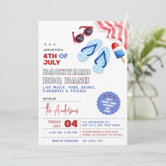 BBQ en Pool Party Uitnodiging 4 juli Achtertuin (Staand voorkant)