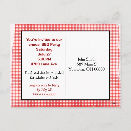 BBQ Feest uitnodigen op Gingham Feestdagenkaart (Achterkant)