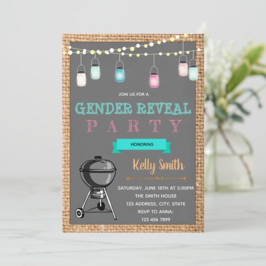 BBQ gender reveal party uitnodiging (Staand voorkant)