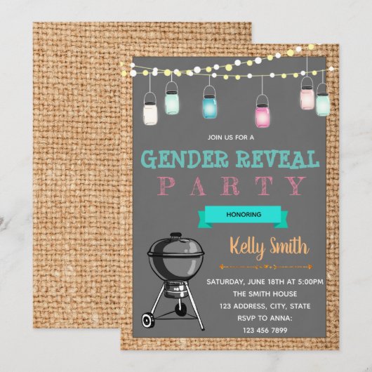 BBQ gender reveal party uitnodiging (Voorkant / Achterkant)