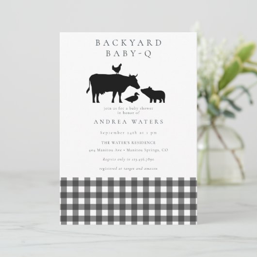 BBQ | Gingham Black | Rustiek Baby shower Kaart (Staand voorkant)