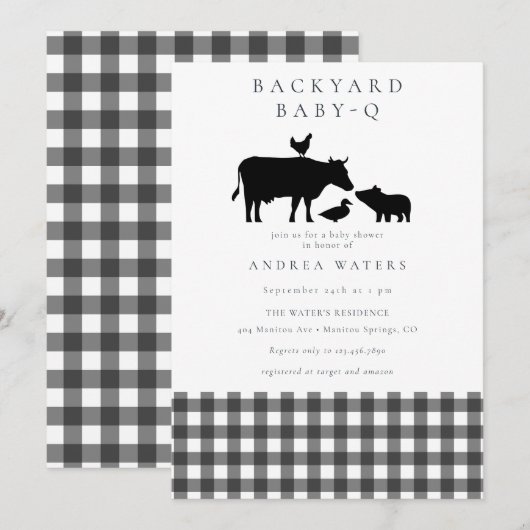 BBQ | Gingham Black | Rustiek Baby shower Kaart (Voorkant / Achterkant)