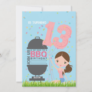 BBQ Girl 13th Birthday Invitation Kaart