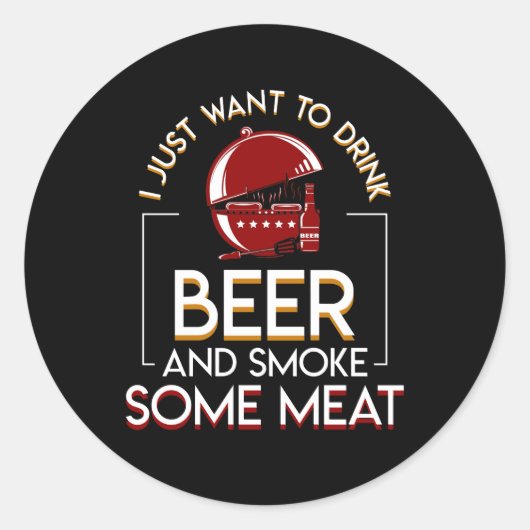 BBQ grillen bier wil rook wat vlees Ronde Sticker (Voorkant)