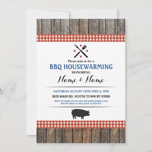 BBQ Housewarming Rustic Red Hog Roast Wood Invite Kaart (Voorkant)