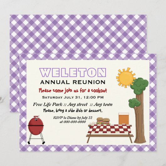 BBQ koekjesgezinshereniging, paarse grens met ging Kaart (Voorkant / Achterkant)