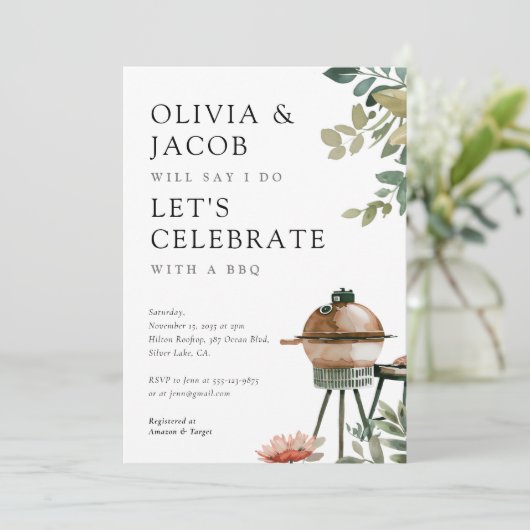 BBQ Koppel Bruiloft Uitnodiging Laten we Vieren (Staand voorkant)