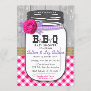 BBQ Mason Jar Baby shower Invitation Pink & Paars Kaart