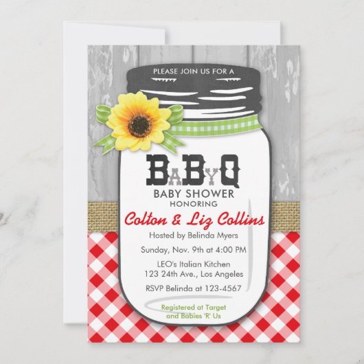 BBQ Mason Jar Baby shower Invitation Red & Green Kaart (Voorkant)