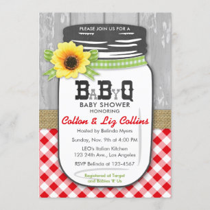 BBQ Mason Jar Baby shower Invitation Red & Green Kaart