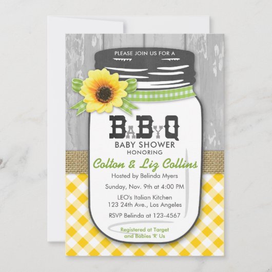 BBQ Mason Jar Baby shower Invitation Yellow Green Kaart (Voorkant)