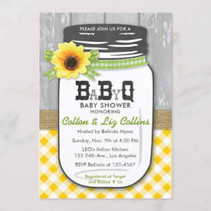 BBQ Mason Jar Baby shower Invitation Yellow Green Kaart