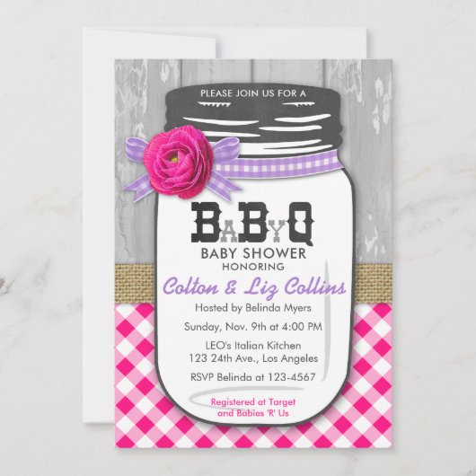 BBQ Mason Jar Baby shower Uitnodiging Roze & Paars (Voorkant)