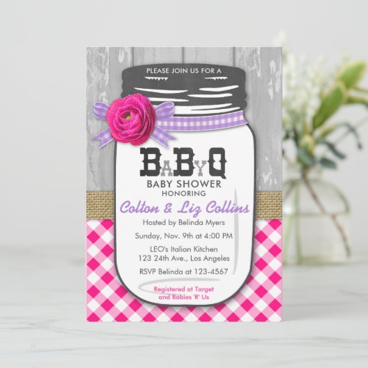 BBQ Mason Jar Baby shower Uitnodiging Roze & Paars (Staand voorkant)
