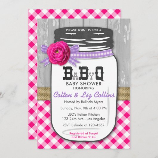 BBQ Mason Jar Baby shower Uitnodiging Roze & Paars (Voorkant / Achterkant)