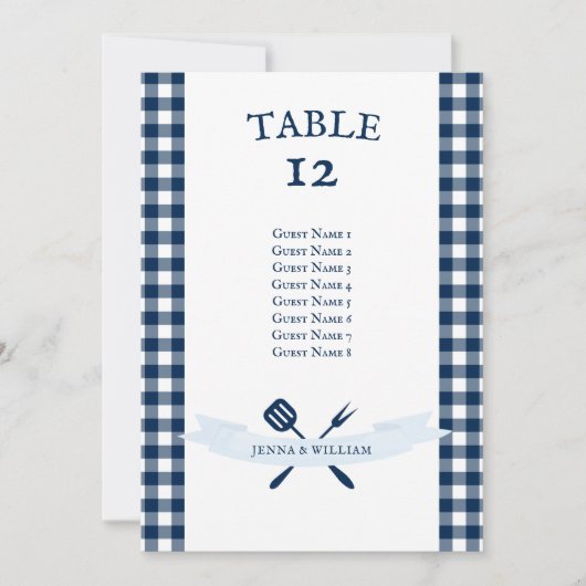  BBQ Navy Blue Gingham Wedding Zitplaatsen Kaart (Voorkant)