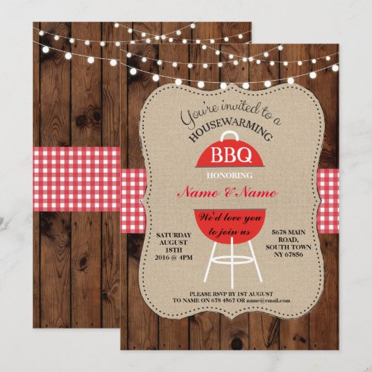 BBQ New Home Sweet HouseWarming Rustic Wood Invite Kaart (Voorkant / Achterkant)