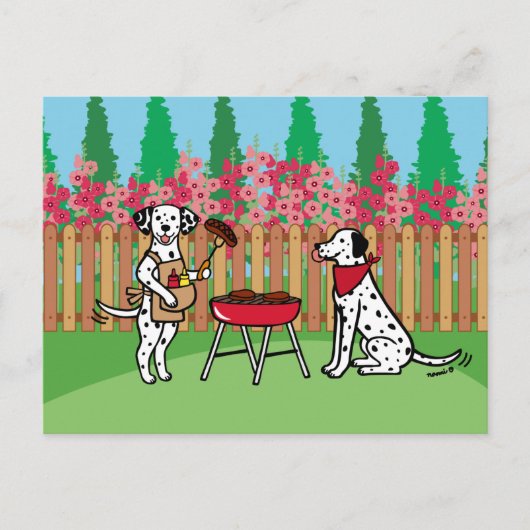 BBQ Party Dalmatians Hollyhock Flowers Cartoon Pos Briefkaart (Voorkant)