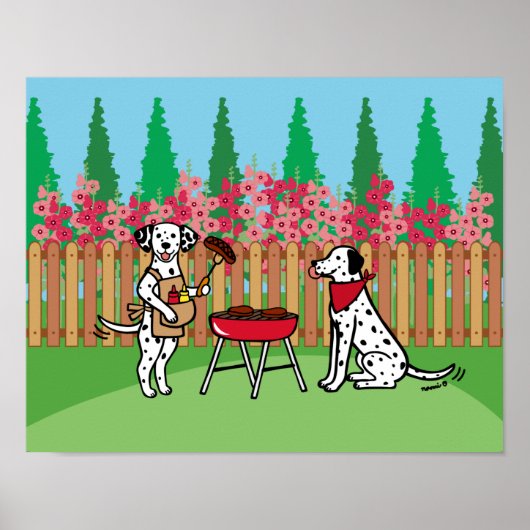 BBQ Party Dalmatians Hollyhock Flowers Cartoon Poster (Voorkant)