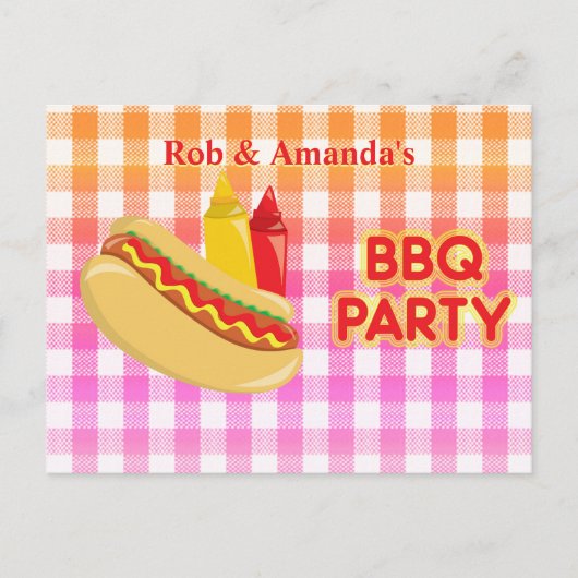 BBQ Party Hot Dog specerijen Hostnaam Aankondigingskaart (Voorkant)