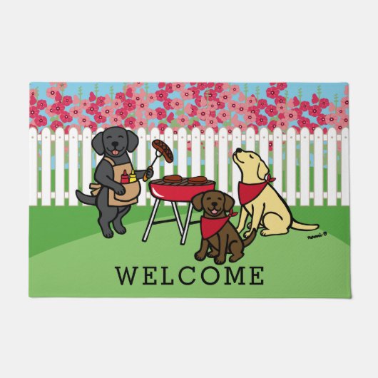 BBQ Party Labradors Hollyhock Flowers Deurmat (Voorkant)