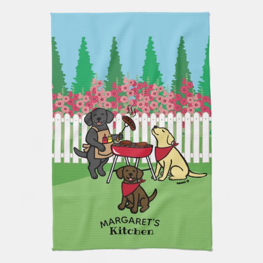 BBQ Party Labradors Hollyhock Theedoek (Verticaal)