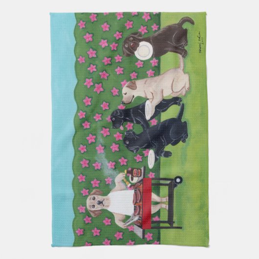 BBQ Party Labradors in de Azalea Garden-handdoek Theedoek (Verticaal)