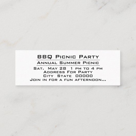 BBQ Picnic Backyard Party Celebration Invitation Mini Visitekaartje (Achterkant)