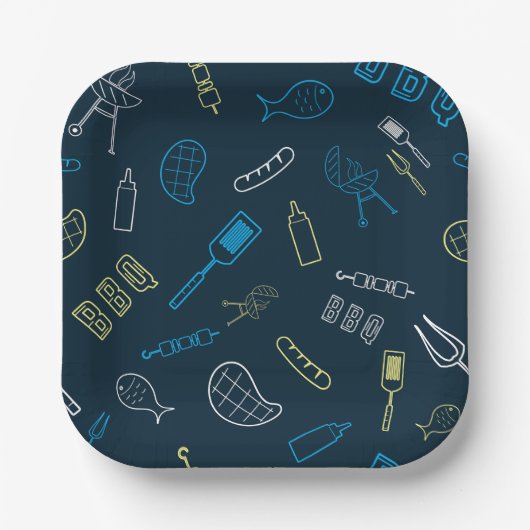 BBQ Pictogrammen Patroon Grillen Gereedschap Vlees Papieren Bordje (Voorkant)